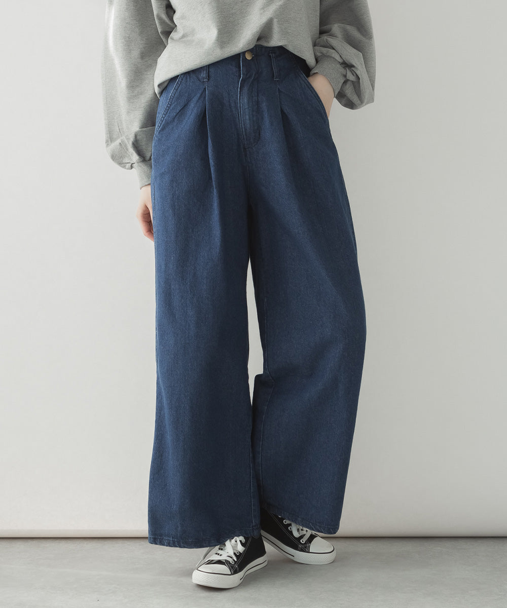 アットワン atONE ウエストタックハイウエストワイドデニムパンツ,ネイビー