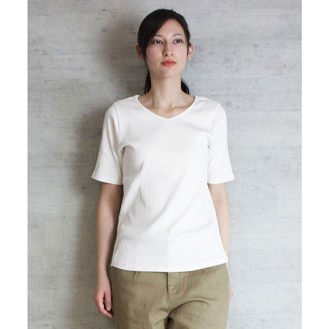 アットワン atONE Vネック5分袖コットンリブTシャツ,オフホワイト