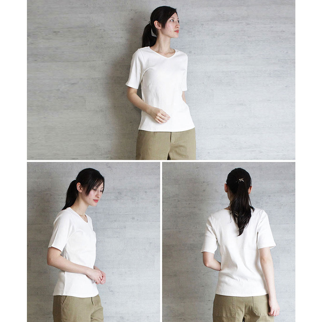 アットワン atONE Vネック5分袖コットンリブTシャツ