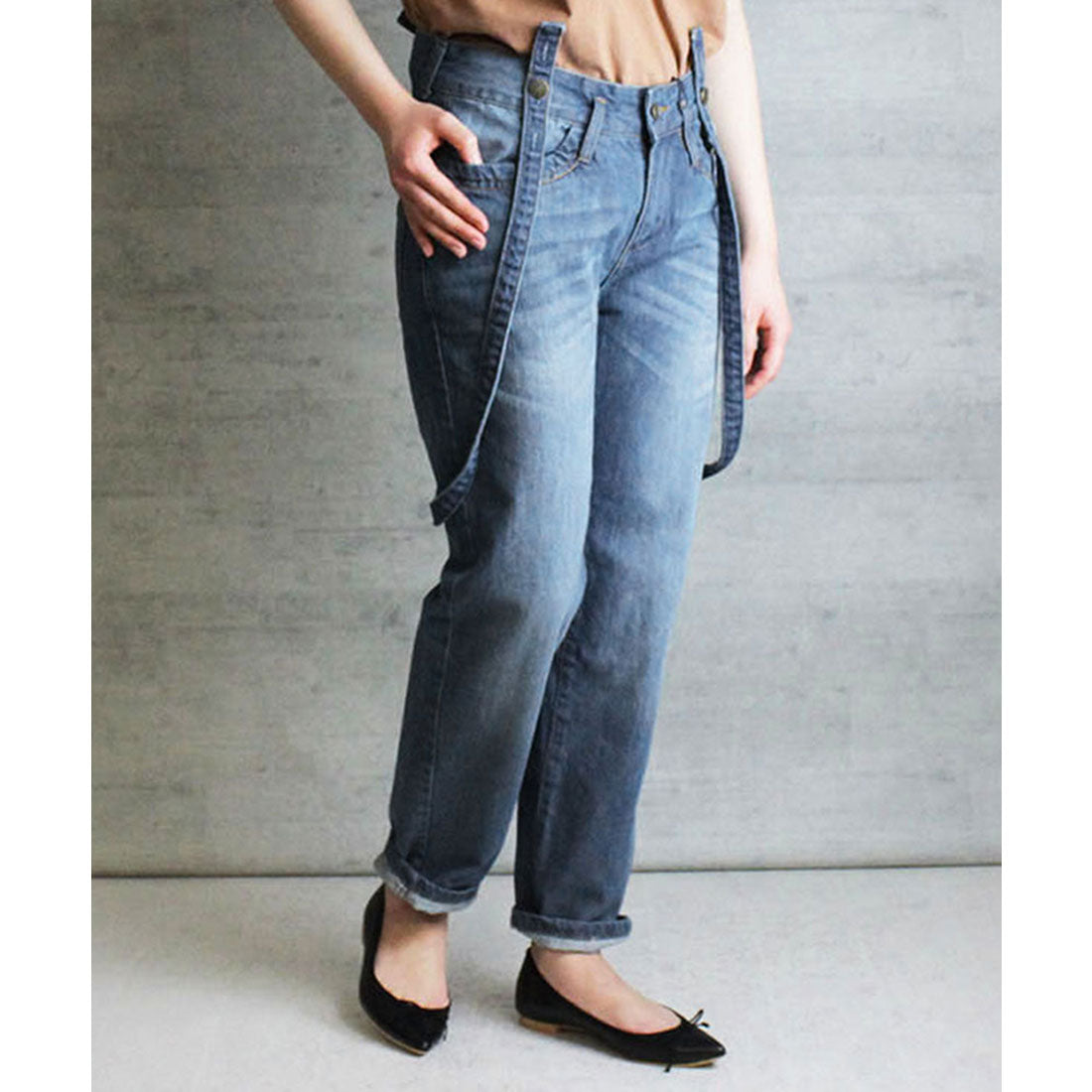 アットワン atONE サスペンダー付きサルエルデニム,ブルー