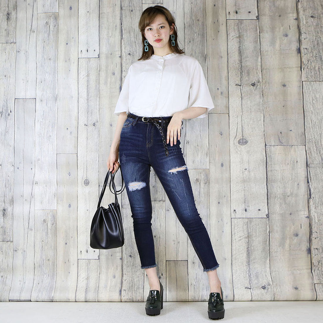 アットワン atONE ストレッチダメージスキニー,ネイビー