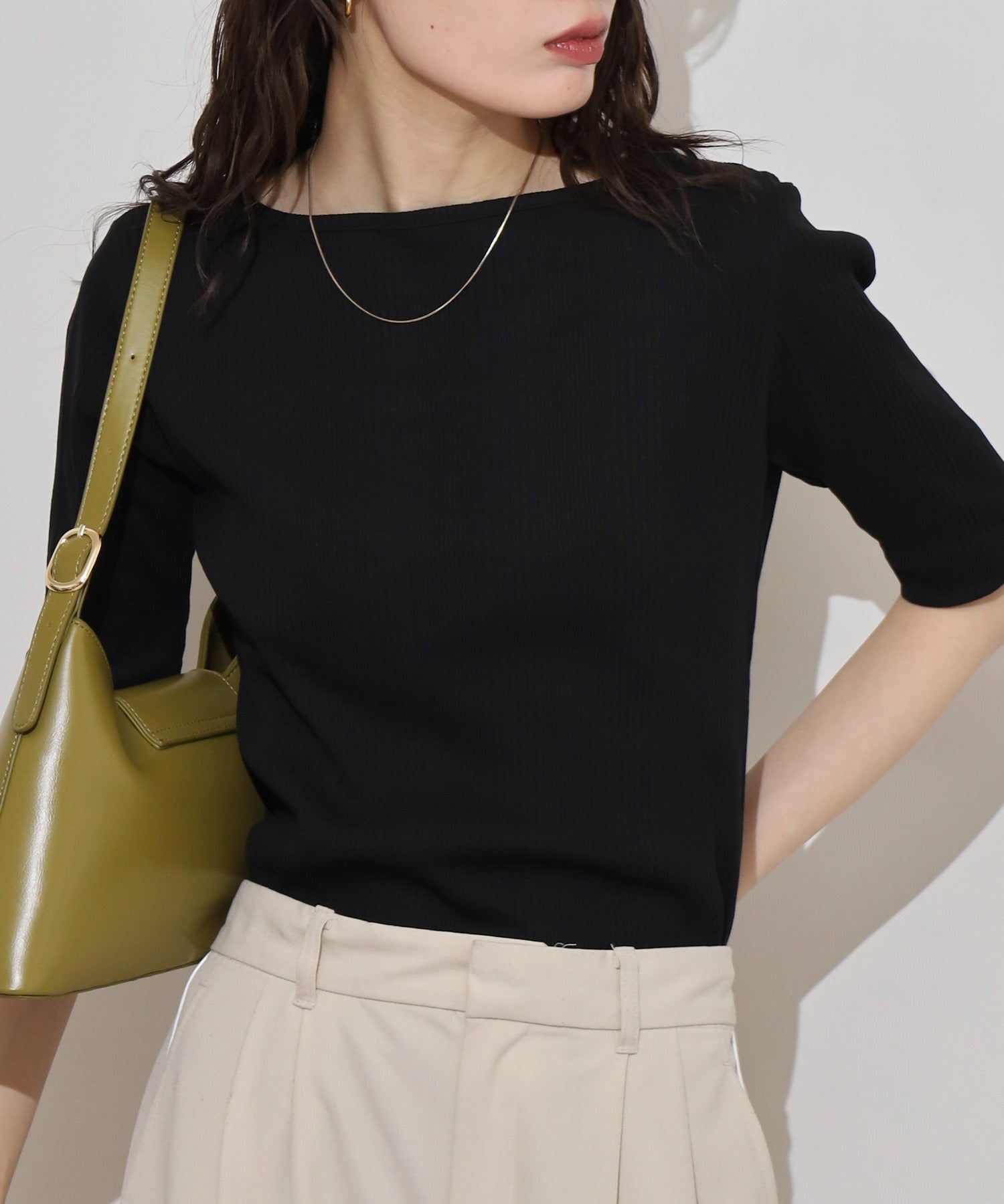 アットワン atONE【前後2WAY】ランダムリブボートネック&Vネックカットソー (BLACK) ブラック