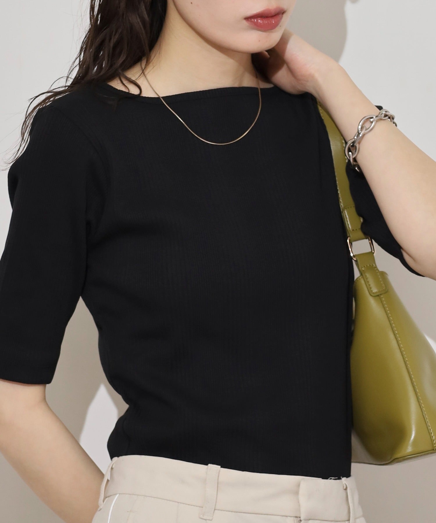 アットワン atONE【前後2WAY】ランダムリブボートネック&Vネックカットソー (BLACK) ブラック