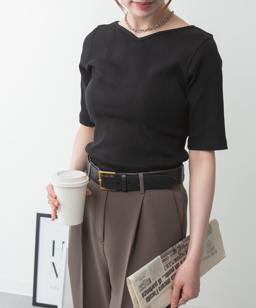 アットワン atONE【前後2WAY】ランダムリブボートネック&Vネックカットソー (BLACK) ブラック