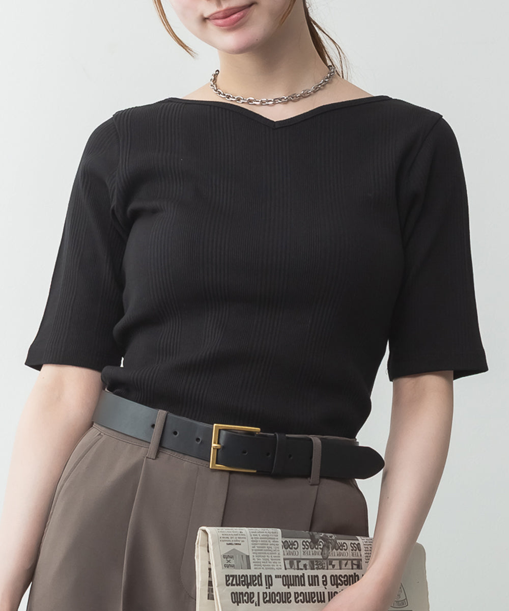 アットワン atONE【前後2WAY】ランダムリブボートネック&Vネックカットソー (BLACK) ブラック