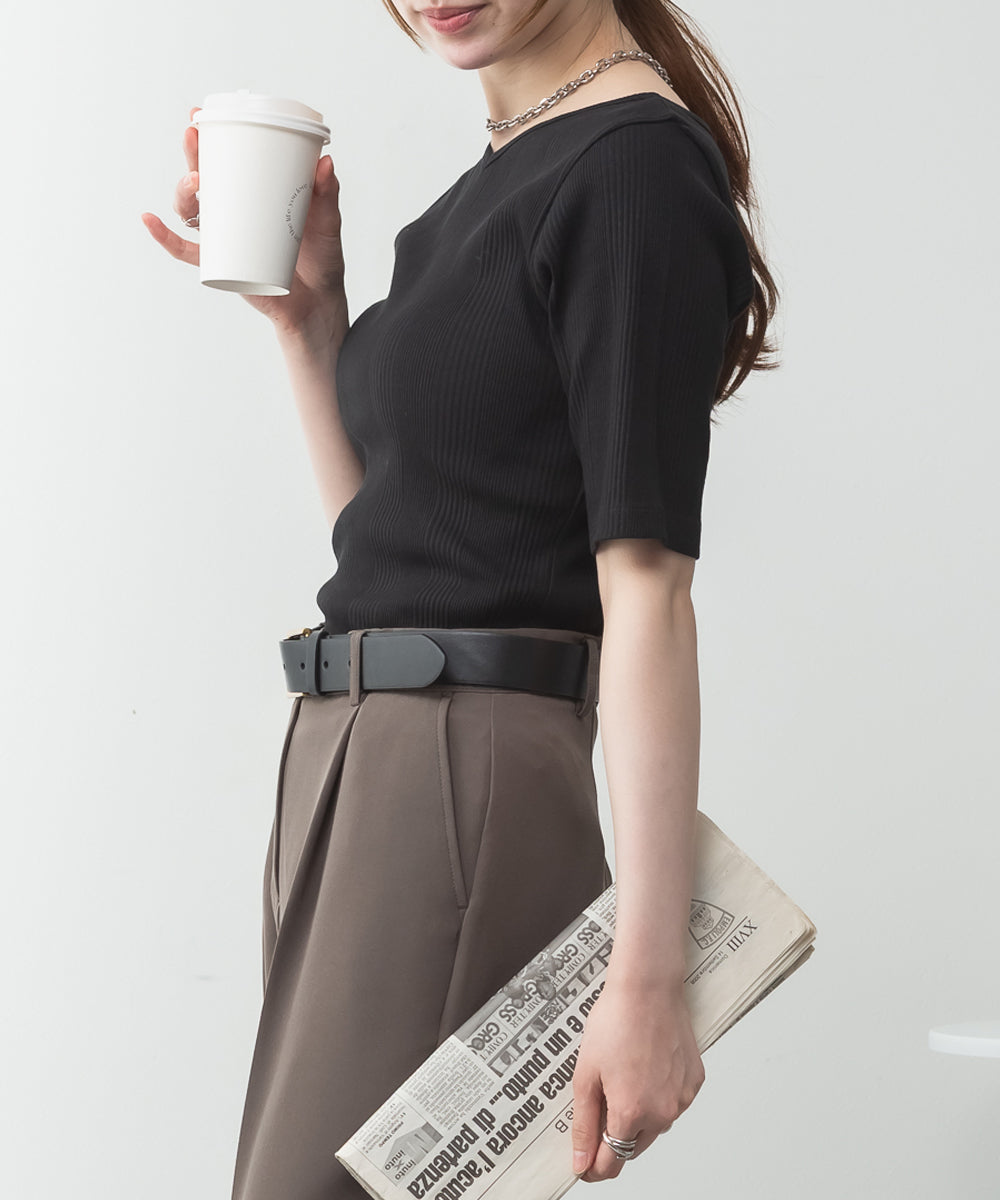 アットワン atONE【前後2WAY】ランダムリブボートネック&Vネックカットソー (BLACK) ブラック