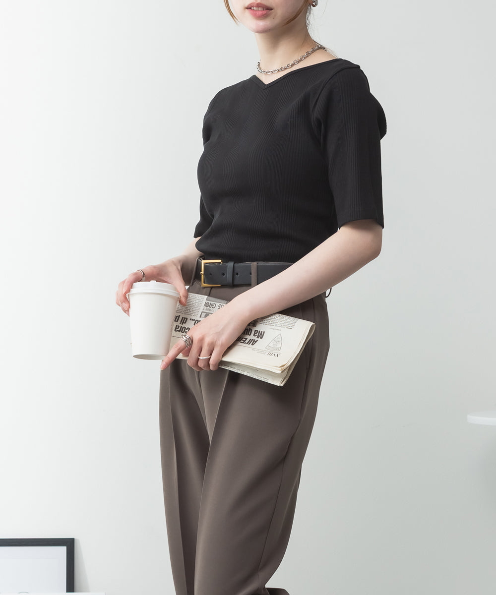 アットワン atONE【前後2WAY】ランダムリブボートネック&Vネックカットソー (BLACK) ブラック