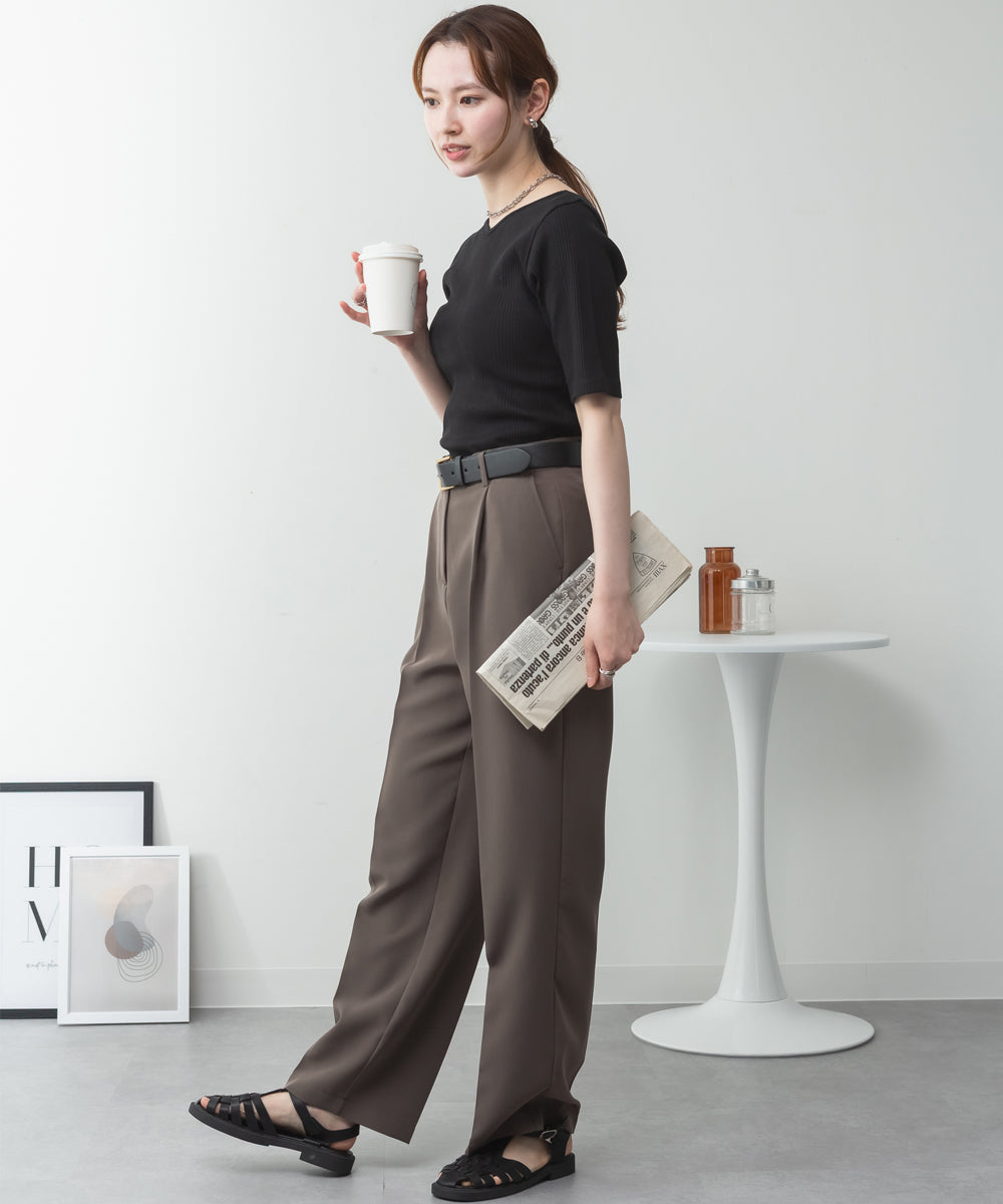 アットワン atONE【前後2WAY】ランダムリブボートネック&Vネックカットソー (BLACK) ブラック