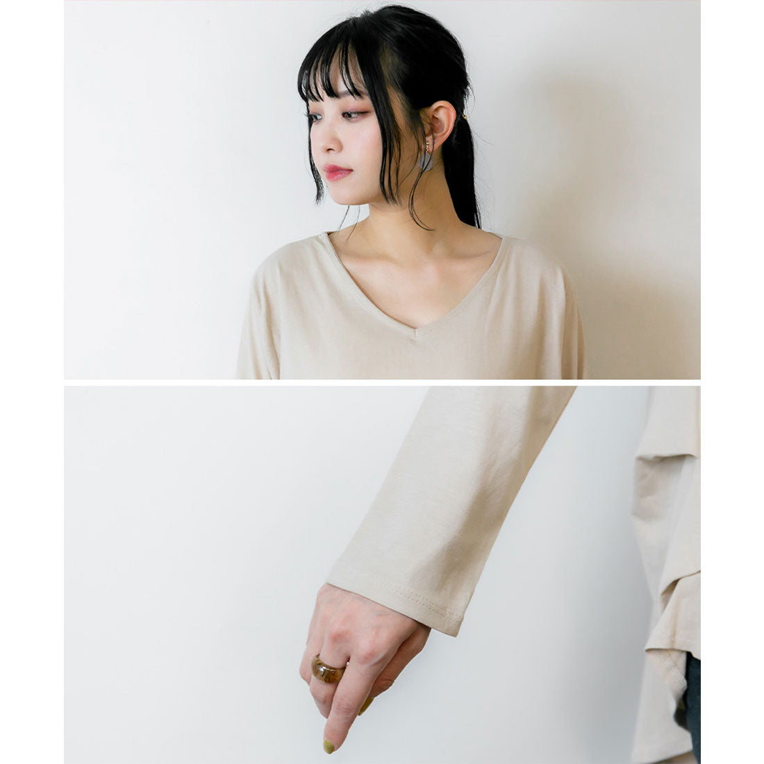 アットワン atONE 脇タックVネック長袖カットソー (KHAKI) カーキ