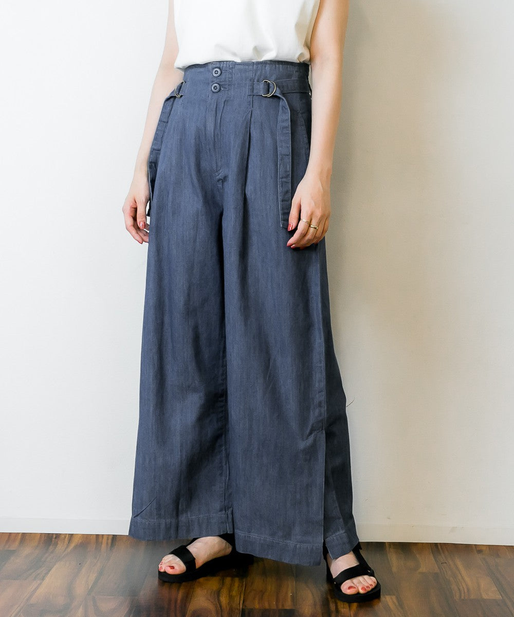 アットワン atONE デニムハイウエスト裾ベンツワイドパンツ,ブルー
