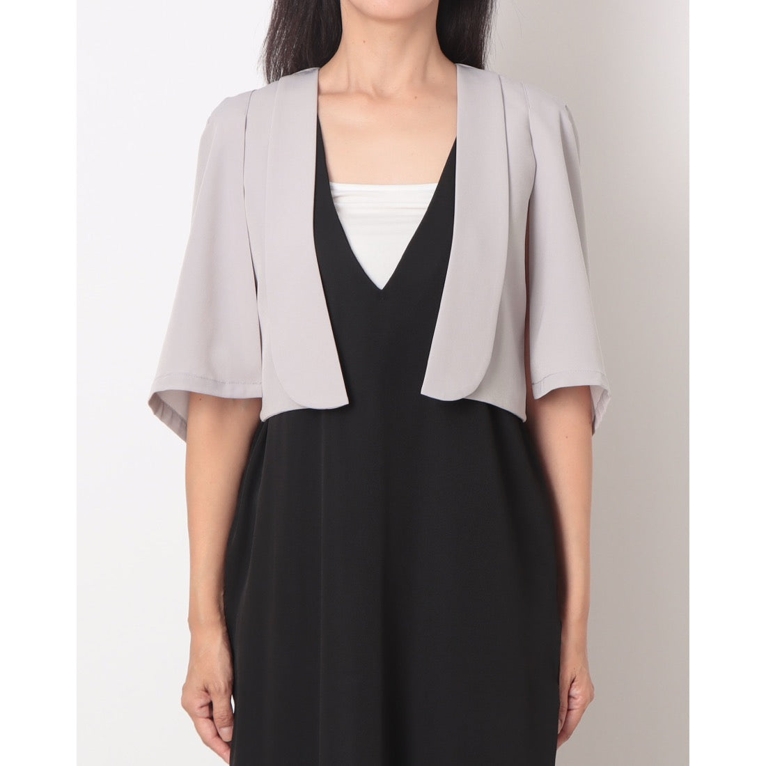 アウニイ auni 結婚式 ノーカラージャケット レディース パーティー ボレロ ジャケット マント 袖口 フォーマル ジャレロ カーディガン 羽織り 体型カバー kan709 (グレー) グレー