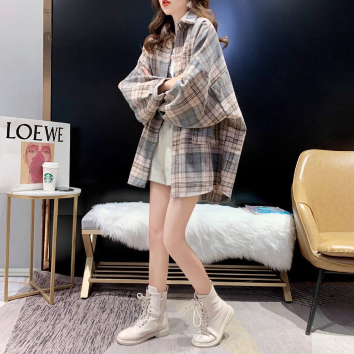 ベルシー Belle Cie 羽織り ジャケット 裏起毛 厚手 チェック シャツ コート 秋冬 レディース 韓国ファッション 大人 おしゃれ ドロップショルダー トップス 総柄