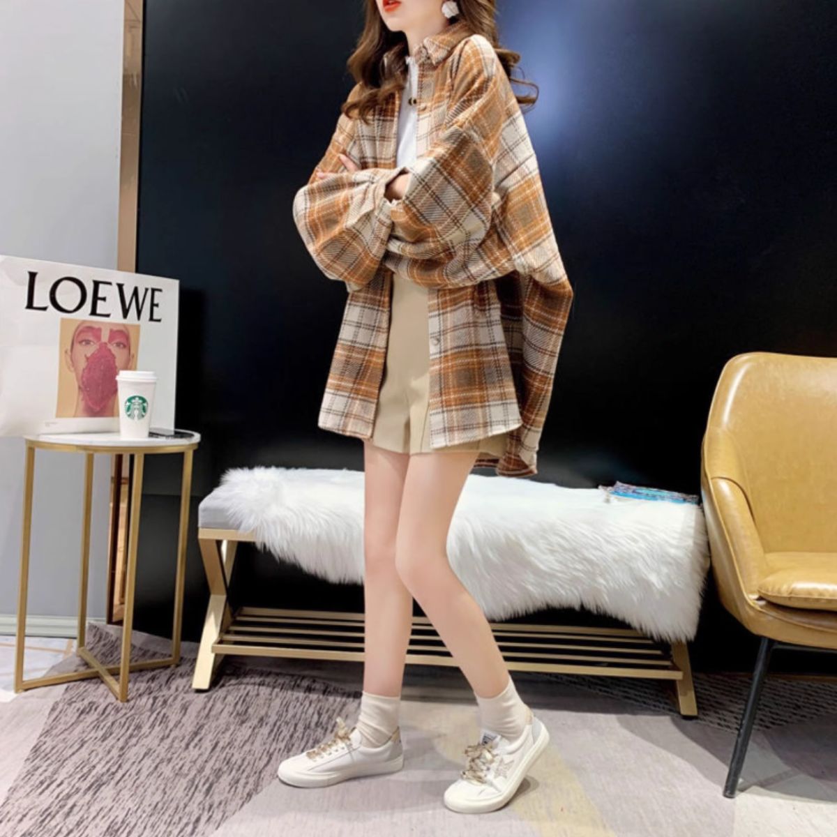 ベルシー Belle Cie 羽織り ジャケット 裏起毛 厚手 チェック シャツ コート 秋冬 レディース 韓国ファッション 大人 おしゃれ ドロップショルダー トップス 総柄