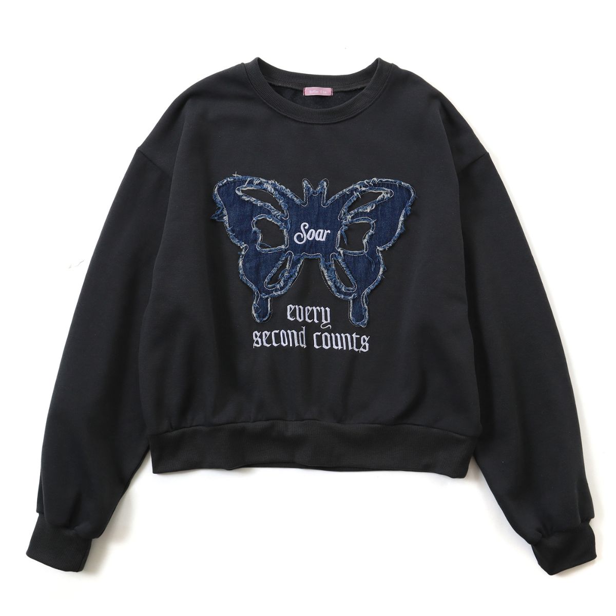 ベルシー Belle Cie スウェット トップス 裏起毛 トレーナー チョウ 蝶 バタフライ レディース 韓国ファッション アップリケ デニム ミディ丈 秋冬 カジュアル 白