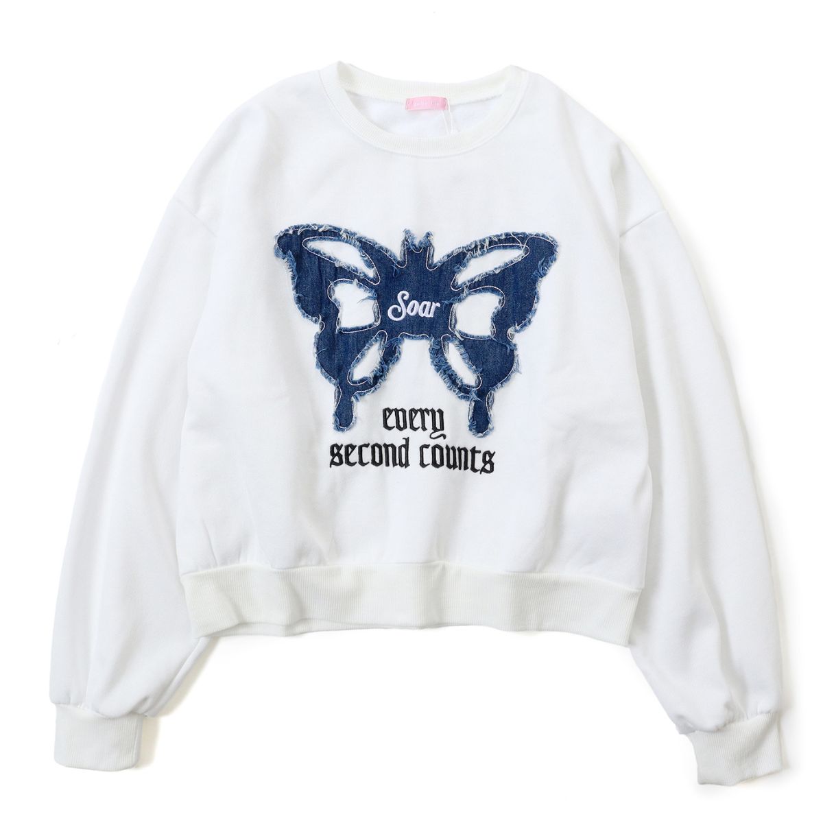 ベルシー Belle Cie スウェット トップス 裏起毛 トレーナー チョウ 蝶 バタフライ レディース 韓国ファッション アップリケ デニム ミディ丈 秋冬 カジュアル 白