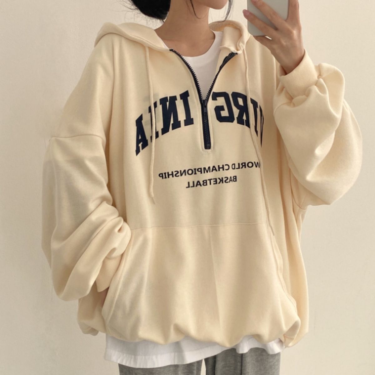 Belle Cie Belle Cie 食物連帽衫 連帽衫 上衣 休閒服 標誌 女士 韓國時尚 簡約 休閒 寬鬆 半拉鍊 成人 春季