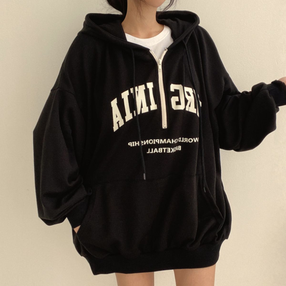 Belle Cie Belle Cie 食物連帽衫 連帽衫 上衣 休閒服 標誌 女士 韓國時尚 簡約 休閒 寬鬆 半拉鍊 成人 春季