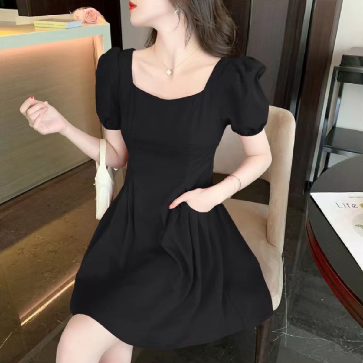 Belle Cie Belle Cie one-piece short sleeve mini dress power shoulder puff sleeve flare ladies Korean fashion mini length party date slim cute second p
