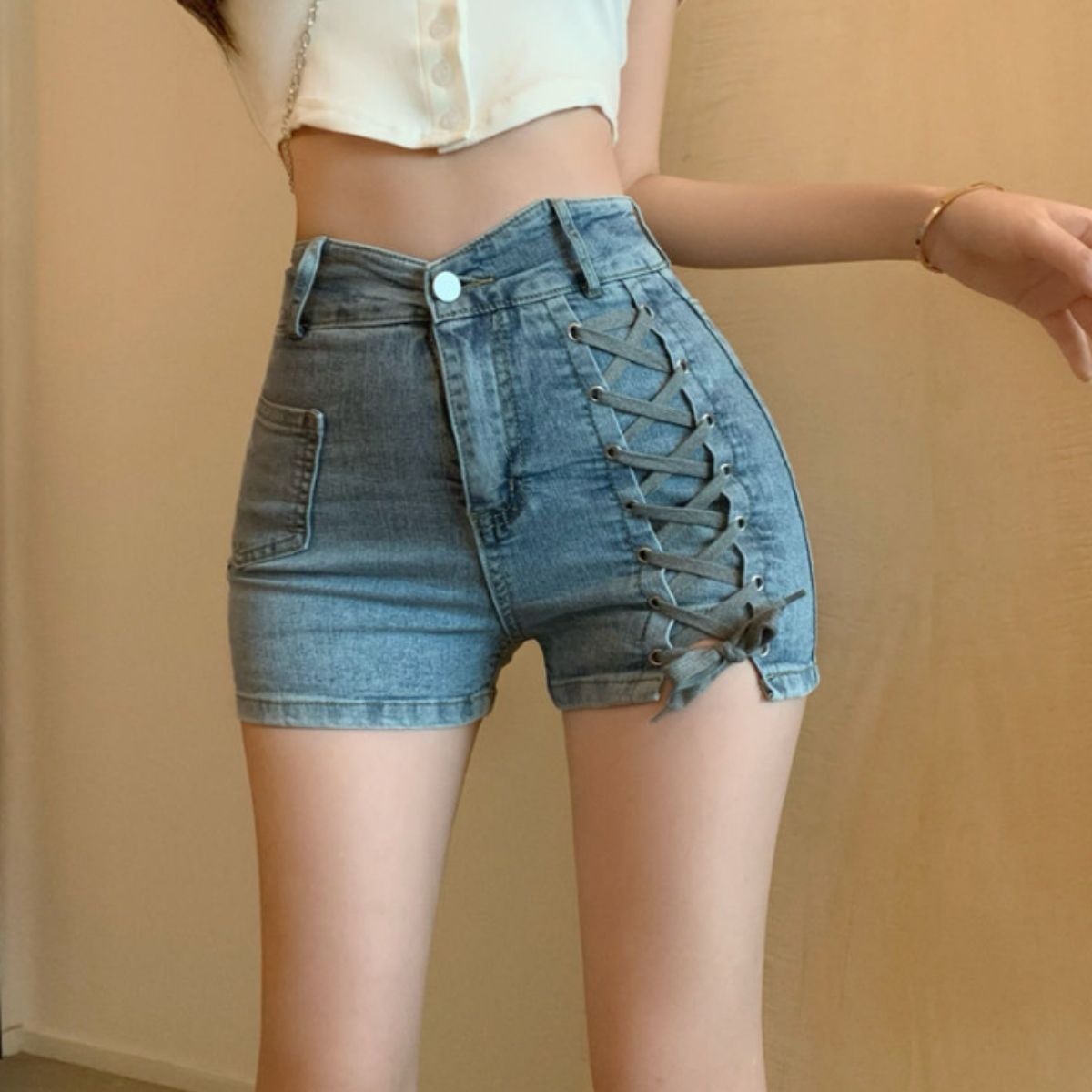 ベルシー Belle Cie ショートパンツ デニムパンツ ハイウエスト 編み上げ ストレッチ レディース 韓国ファッション ジーンズ デザインショートパンツ フィット タイト (サックス) サックス