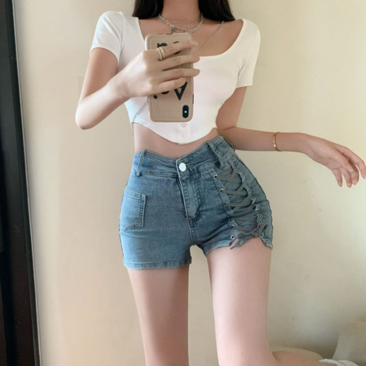 ベルシー Belle Cie ショートパンツ デニムパンツ ハイウエスト 編み上げ ストレッチ レディース 韓国ファッション ジーンズ デザインショートパンツ フィット タイト (サックス) サックス