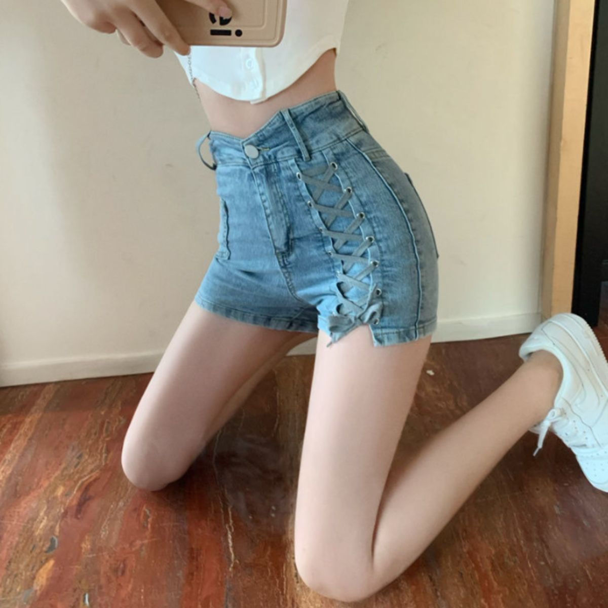 ベルシー Belle Cie ショートパンツ デニムパンツ ハイウエスト 編み上げ ストレッチ レディース 韓国ファッション ジーンズ デザインショートパンツ フィット タイト (サックス) サックス