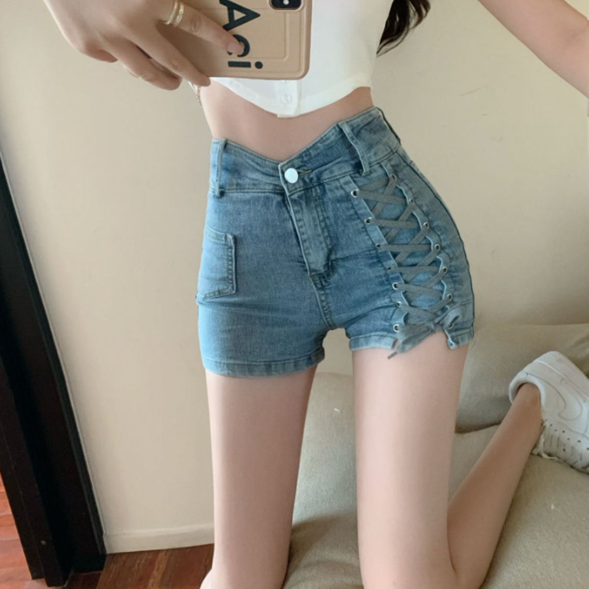 ベルシー Belle Cie ショートパンツ デニムパンツ ハイウエスト 編み上げ ストレッチ レディース 韓国ファッション ジーンズ デザインショートパンツ フィット タイト (サックス) サックス