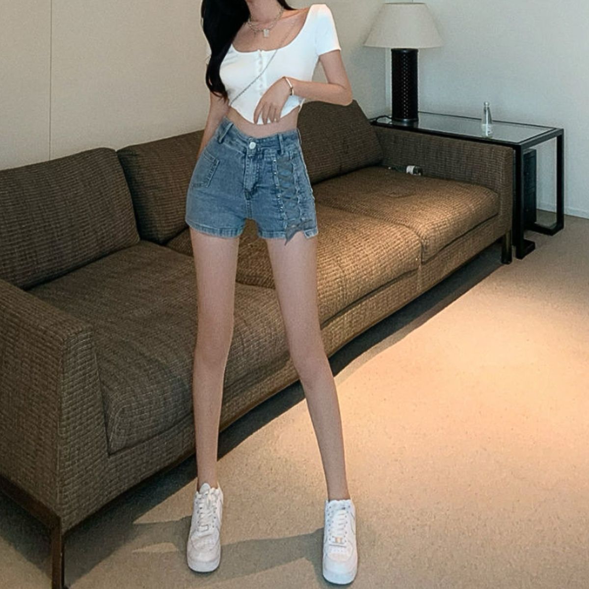 ベルシー Belle Cie ショートパンツ デニムパンツ ハイウエスト 編み上げ ストレッチ レディース 韓国ファッション ジーンズ デザインショートパンツ フィット タイト (サックス) サックス