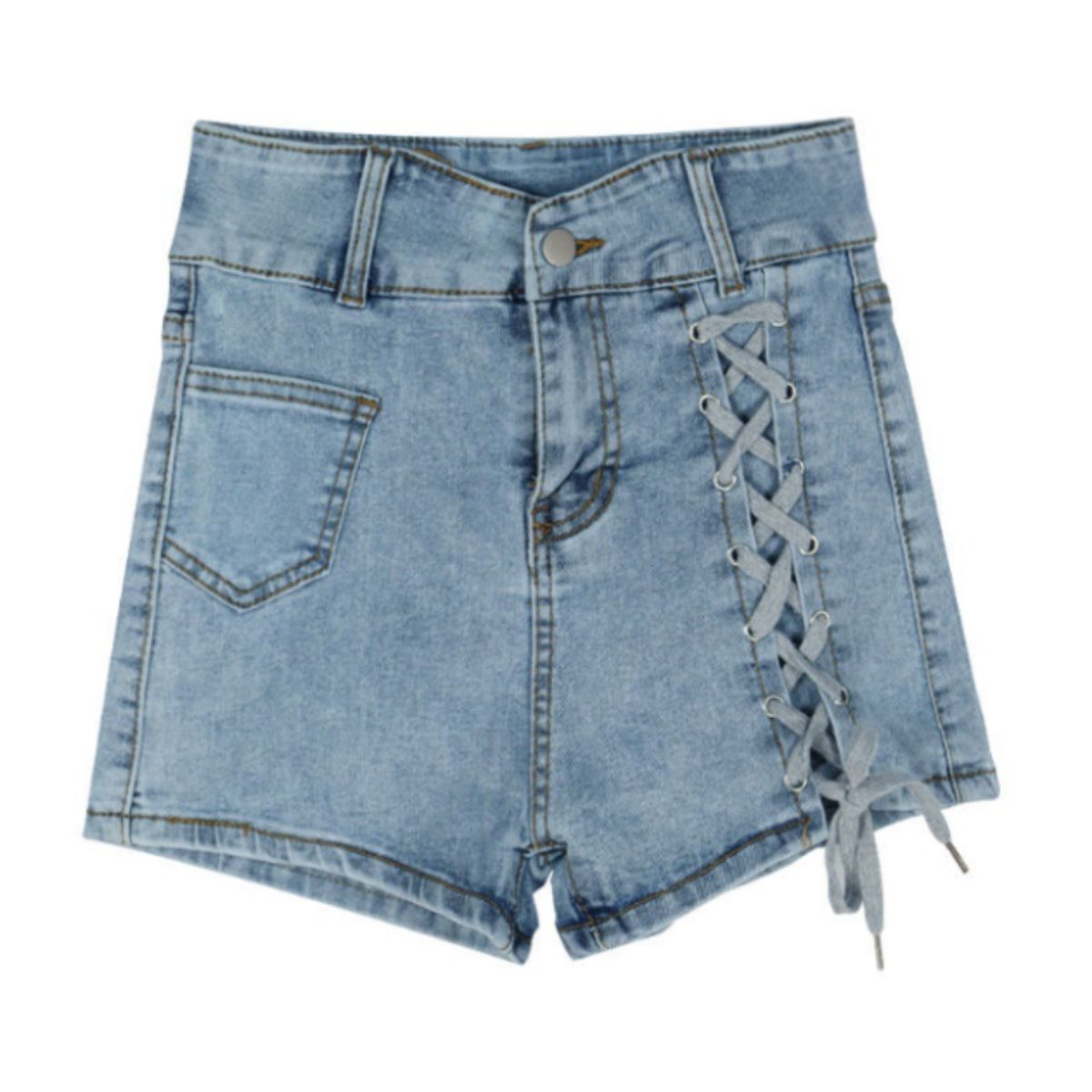 ベルシー Belle Cie ショートパンツ デニムパンツ ハイウエスト 編み上げ ストレッチ レディース 韓国ファッション ジーンズ デザインショートパンツ フィット タイト (サックス) サックス
