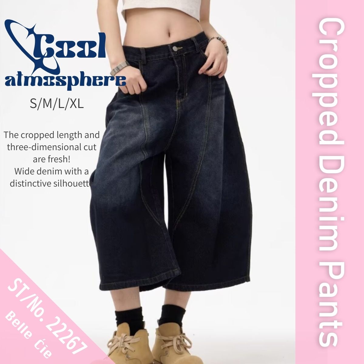 ベルシー Belle Cie デニムパンツ ワイドパンツ ジーンズ クロップド 半端丈 カーブ レディース 韓国ファッション ロゴ入り 立体カット Y2K ボリューム 個性派 夏 (ネイビー) ネイビー