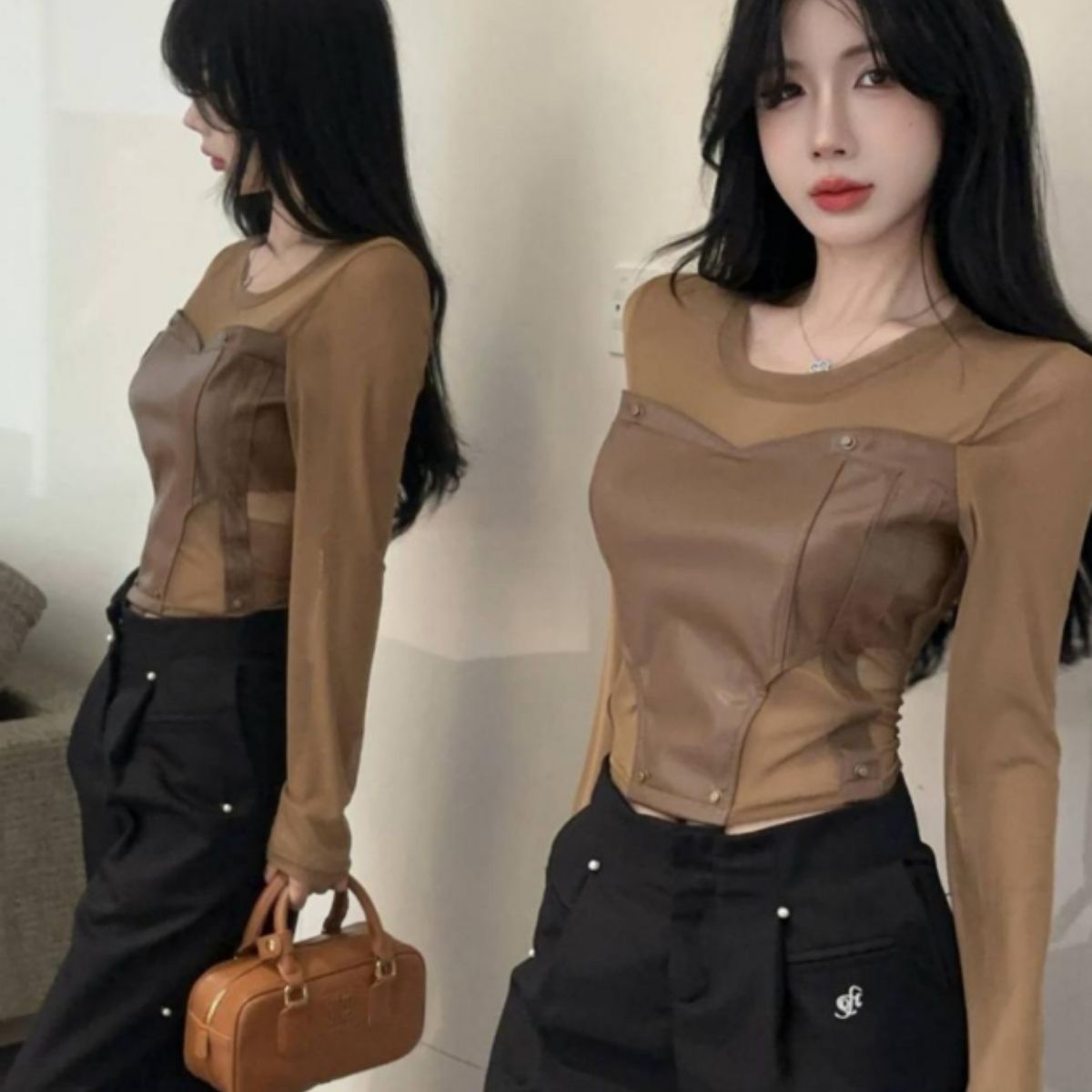 ベルシー Belle Cie シアートップス 長袖 フェイクレザー ビスチェ モード 透け感 レディース 韓国ファッション クール トレンド 高見え セクシー 肌見せ おしゃれ (ブラック) ブラック