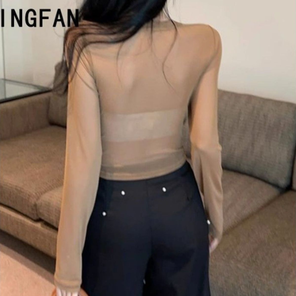 ベルシー Belle Cie シアートップス 長袖 フェイクレザー ビスチェ モード 透け感 レディース 韓国ファッション クール トレンド 高見え セクシー 肌見せ おしゃれ (ブラック) ブラック