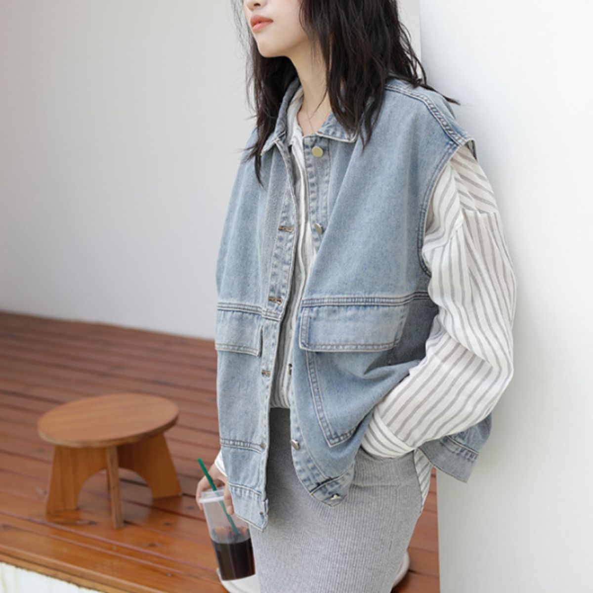 ベルシー Belle Cie ベスト ジレ デニムベスト オーバーサイズ アメカジ ビンテージ レディース アウター 羽織り 重ね着 ビッグポケット レトロ おしゃれ ゆったり (ブラック) ブラック