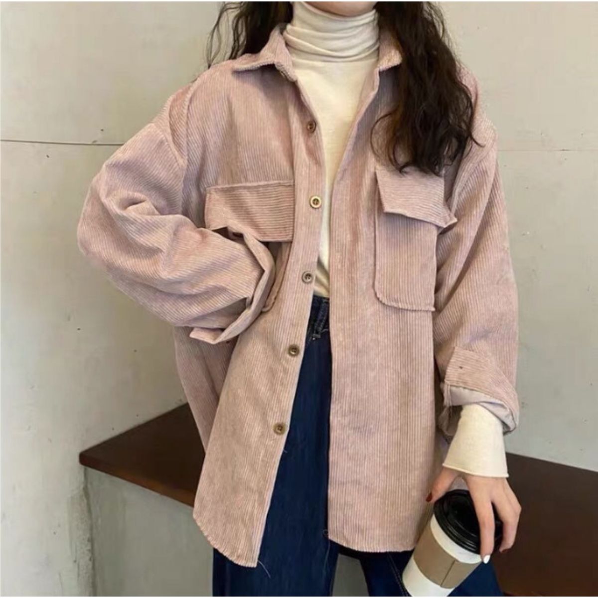 ベルシー Belle Cie シャツ 長袖 羽織り コーデュロイ オーバーシャツ 羽織り 春秋 レディース 韓国ファッション 体型カバー シンプル シャツジャケット 韓国アウター (ダスティピンク) ダスティピンク