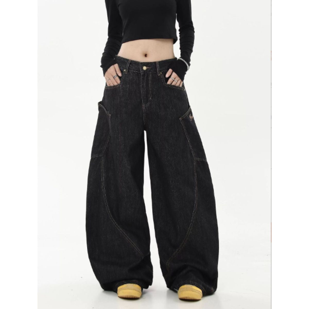 ベルシー Belle Cie ワイドパンツ カーブパンツ ルーズ 大きいサイズ ストリート ロゴ レディース 韓国ファッション カジュアル Y2K ローウエスト 個性派 デザイン (ブラック) ブラック