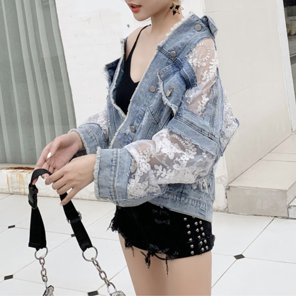 ベルシー Belle Cie デニムジャケット Gジャン 羽織り レース 切替 ビンテージ 春秋 レディース 韓国ファッション 甘辛ミックス レース切替 個性派 透け袖 異素材 (サックス) サックス