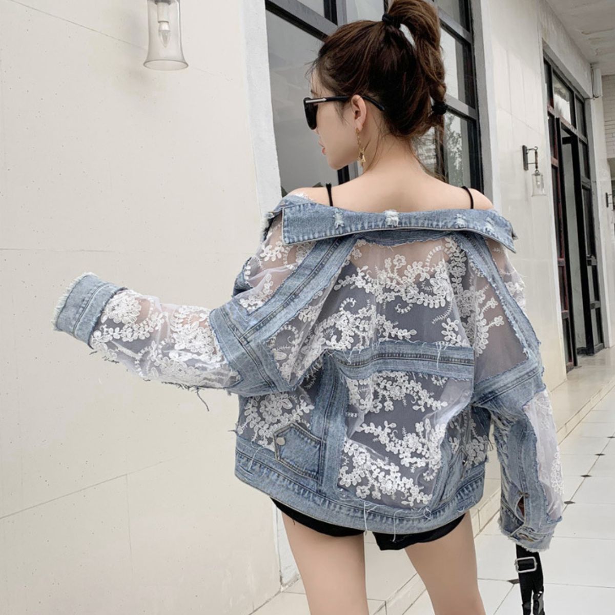 ベルシー Belle Cie デニムジャケット Gジャン 羽織り レース 切替 ビンテージ 春秋 レディース 韓国ファッション 甘辛ミックス レース切替 個性派 透け袖 異素材 (サックス) サックス