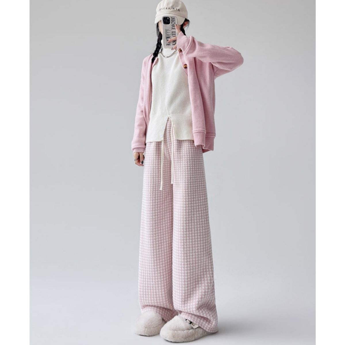 ベルシー Belle Cie ワイドパンツ ストレート 裏起毛 裏シャギー ウエストゴム チドリ レディース 韓国ファッション あったか 冬 極暖 防寒 楽ちん ルームウェア 柄 (モカ) モカ