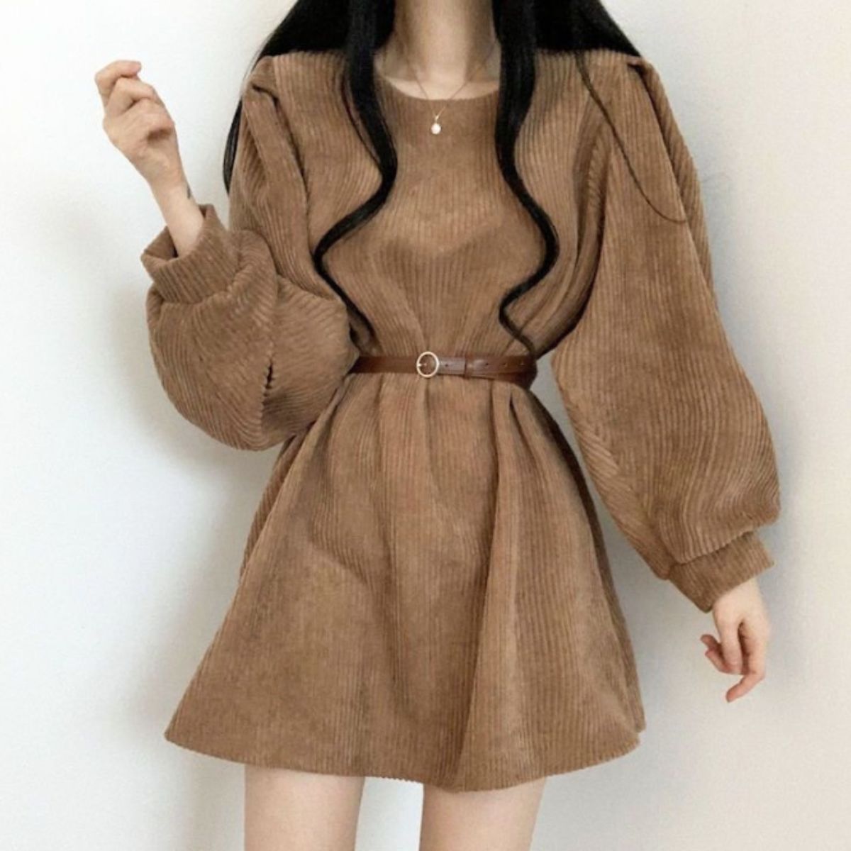 ベルシー Belle Cie ワンピース ミニワンピ 長袖 コーデュロイ フレア ベルト 秋冬 レディース 韓国ファッション Aライン ウエストマーク 大人可愛い シンプル 無地 (ブラック) ブラック