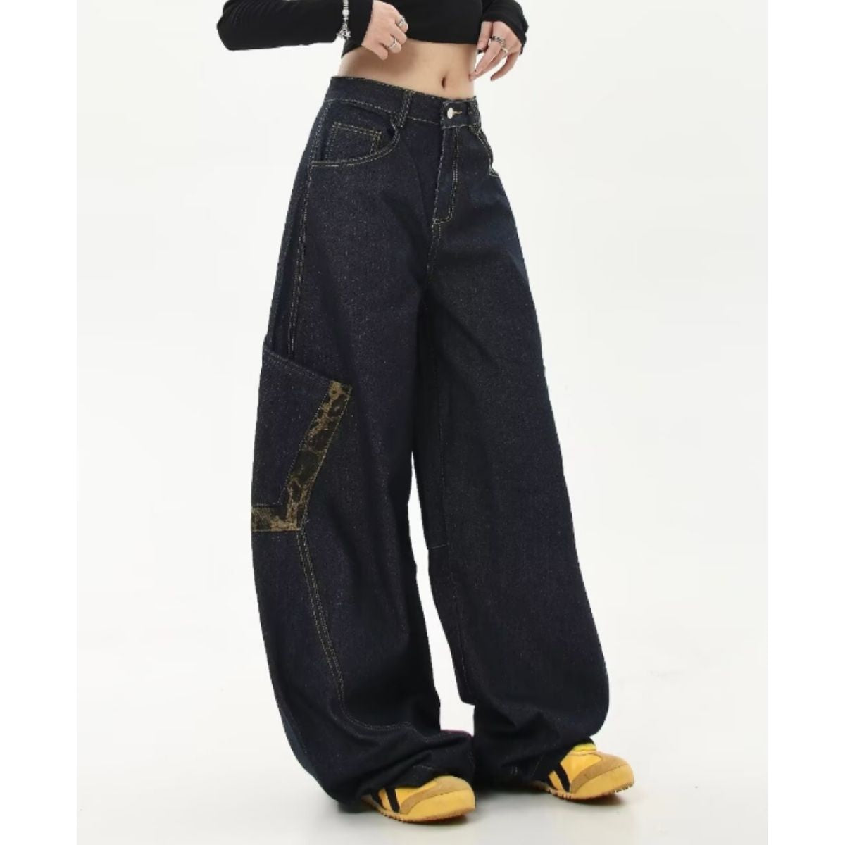 ベルシー Belle Cie デニム ロングパンツ バレルレッグ レオパード ジーンズ ジーパン レディース 韓国ファッション カーブパンツ ストリート ダンス 衣装 かっこいい (ブラック) ブラック