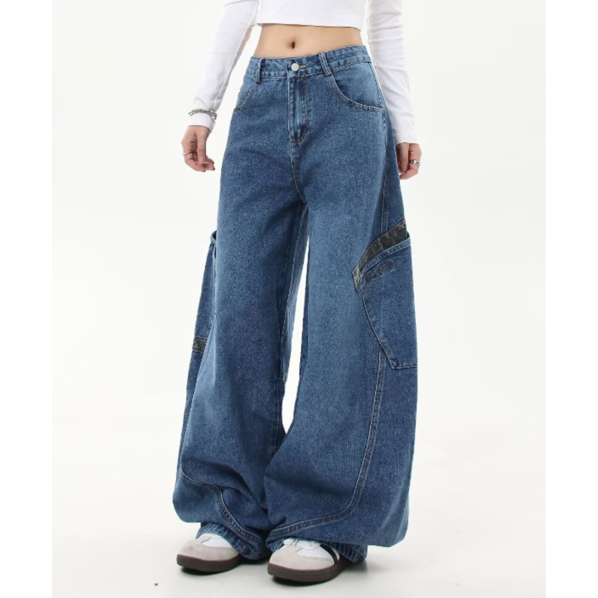 ベルシー Belle Cie デニム ロングパンツ バレルレッグ レオパード ジーンズ ジーパン レディース 韓国ファッション カーブパンツ ストリート ダンス 衣装 かっこいい (ブラック) ブラック