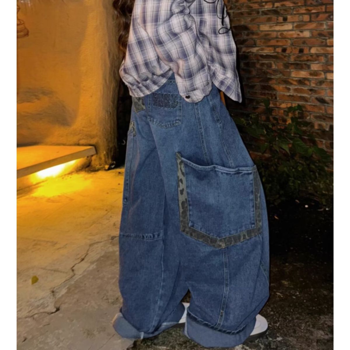 ベルシー Belle Cie デニム ロングパンツ バレルレッグ レオパード ジーンズ ジーパン レディース 韓国ファッション カーブパンツ ストリート ダンス 衣装 かっこいい (ブラック) ブラック