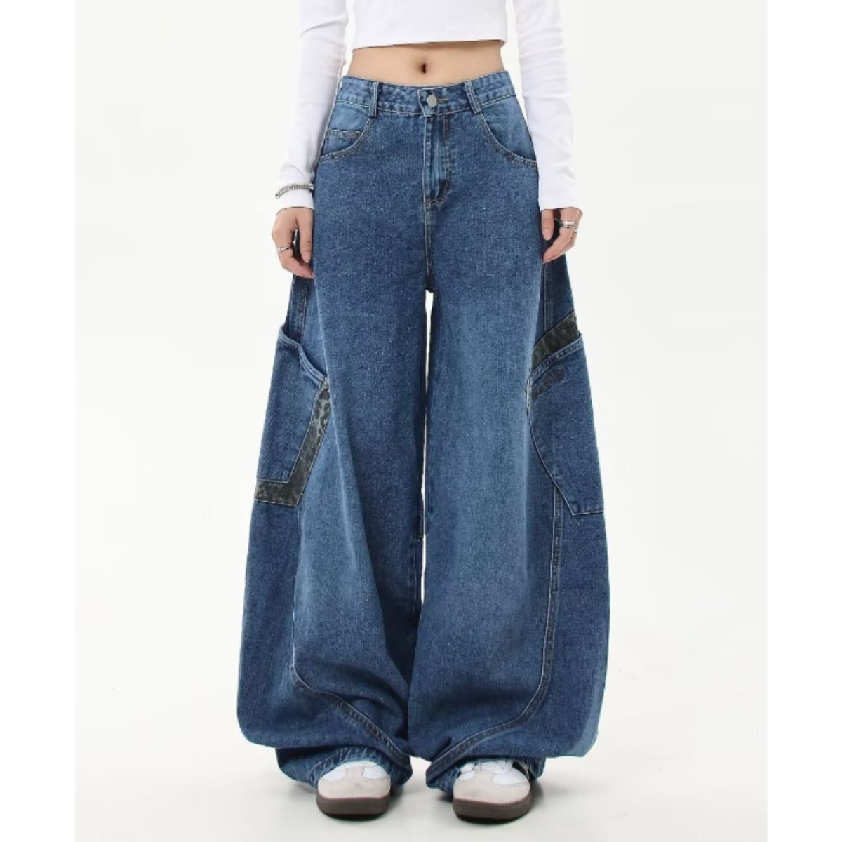 ベルシー Belle Cie デニム ロングパンツ バレルレッグ レオパード ジーンズ ジーパン レディース 韓国ファッション カーブパンツ ストリート ダンス 衣装 かっこいい (ブルー) ブルー