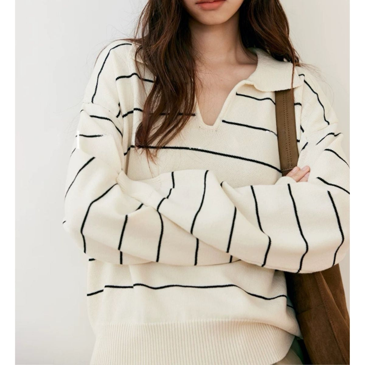ベルシー Belle Cie ニット トップス ボーダー Vネック 薄手 襟付き 長袖 ゆったり レディース 韓国ファッション 大人見え きれいめ 大人可愛い シンプル 通勤 柄 (アイボリー) アイボリー