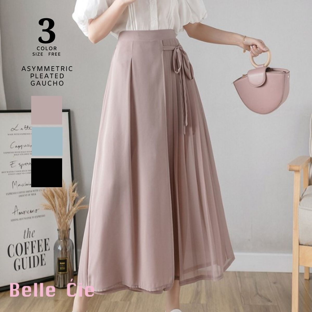 ベルシー Belle Cie シフォン ガウチョ プリーツ ワイドパンツ リラックス フリル カジュアル パステルカラー くすみカラー かわいい おしゃれ リボン フェミニン (ブルー) ブルー