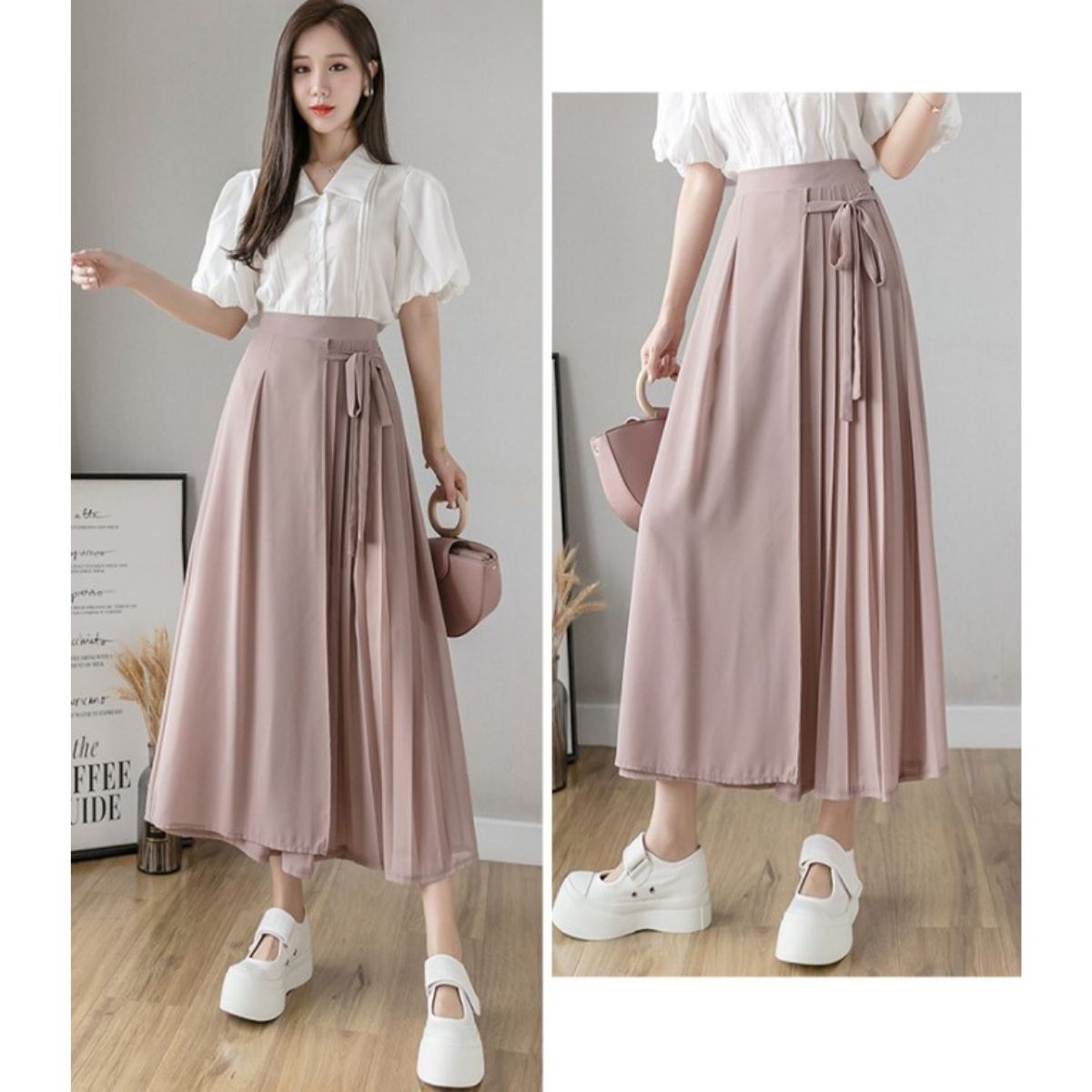 ベルシー Belle Cie シフォン ガウチョ プリーツ ワイドパンツ リラックス フリル カジュアル パステルカラー くすみカラー かわいい おしゃれ リボン フェミニン (ブルー) ブルー