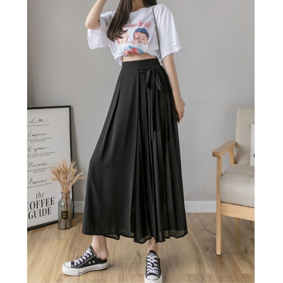 ベルシー Belle Cie シフォン ガウチョ プリーツ ワイドパンツ リラックス フリル カジュアル パステルカラー くすみカラー かわいい おしゃれ リボン フェミニン (ブルー) ブルー