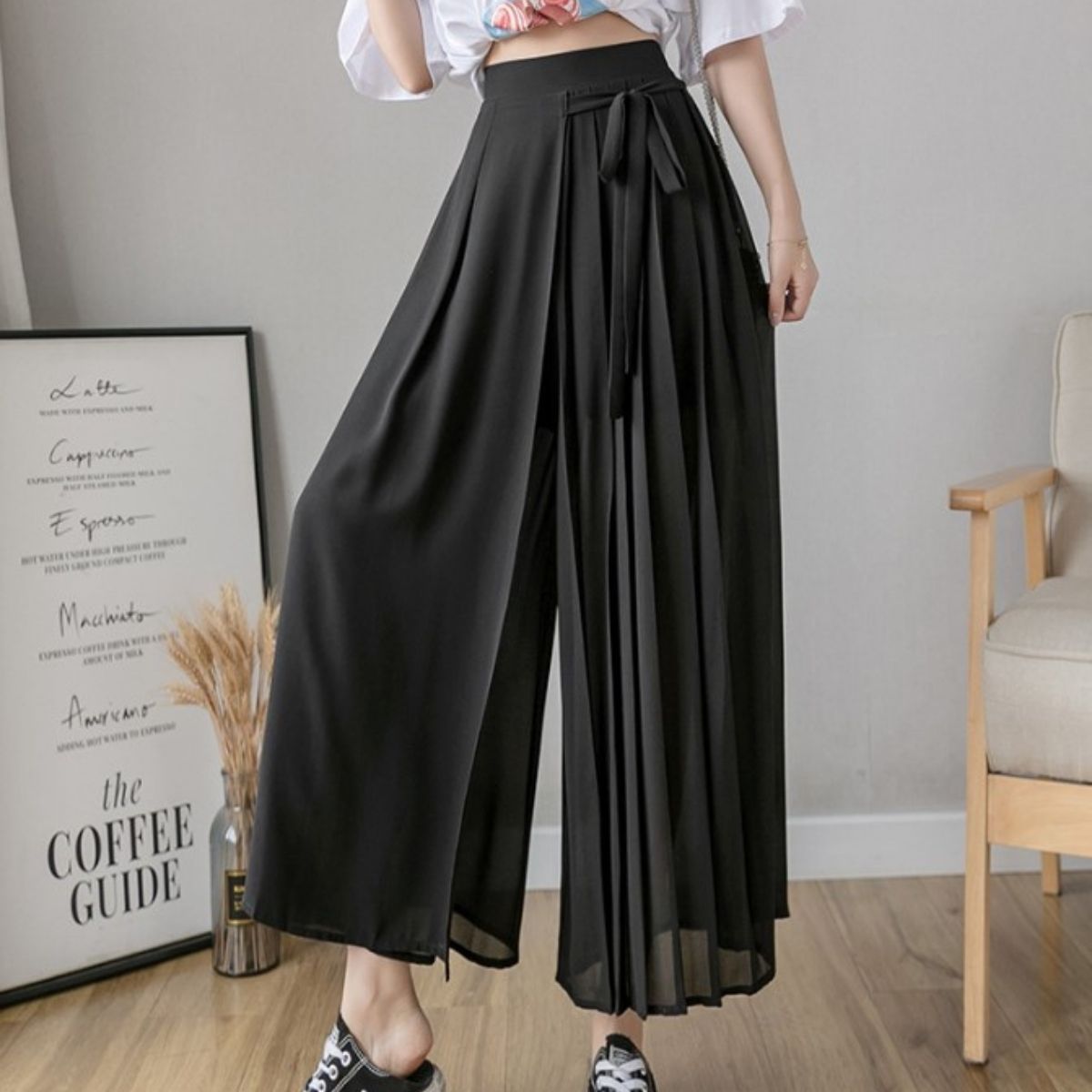 ベルシー Belle Cie シフォン ガウチョ プリーツ ワイドパンツ リラックス フリル カジュアル パステルカラー くすみカラー かわいい おしゃれ リボン フェミニン (ブルー) ブルー