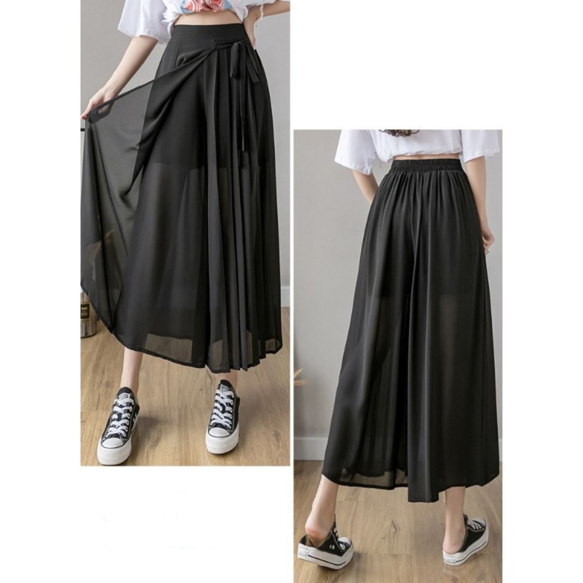 ベルシー Belle Cie シフォン ガウチョ プリーツ ワイドパンツ リラックス フリル カジュアル パステルカラー くすみカラー かわいい おしゃれ リボン フェミニン (ブルー) ブルー