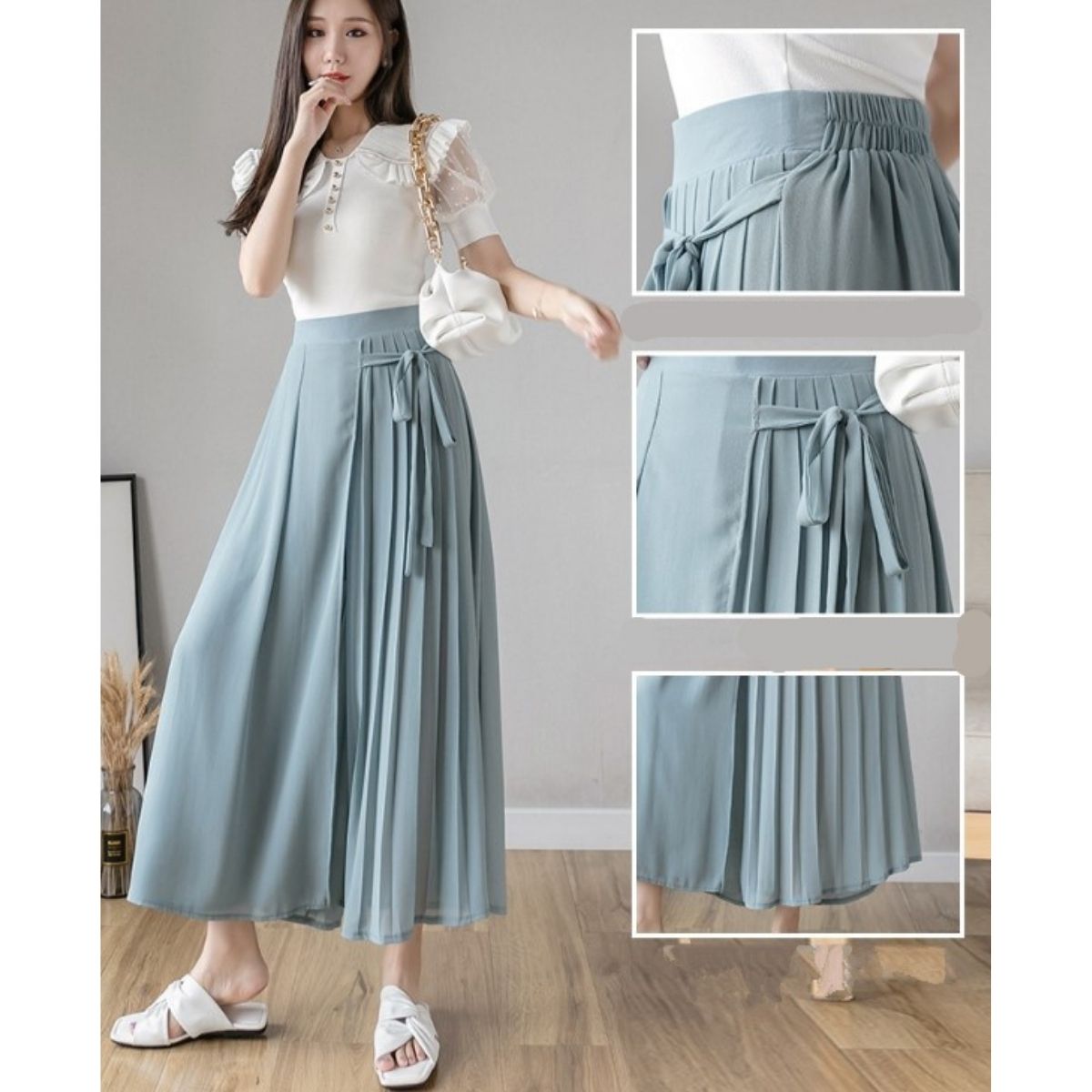 ベルシー Belle Cie シフォン ガウチョ プリーツ ワイドパンツ リラックス フリル カジュアル パステルカラー くすみカラー かわいい おしゃれ リボン フェミニン (ブルー) ブルー