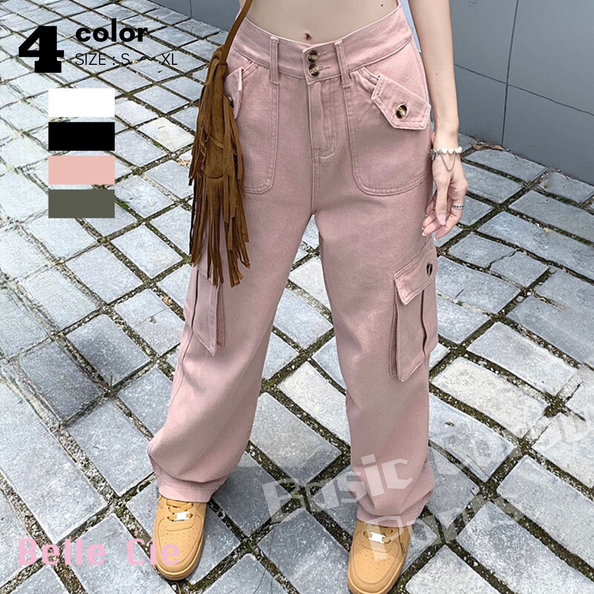 ベルシー Belle Cie カーゴパンツ ズボン ロングパンツ ボトム 韓国ファッション レディース ミリタリー カジュアル トレンド ワイドパンツ パンツ くすみカラー 黒